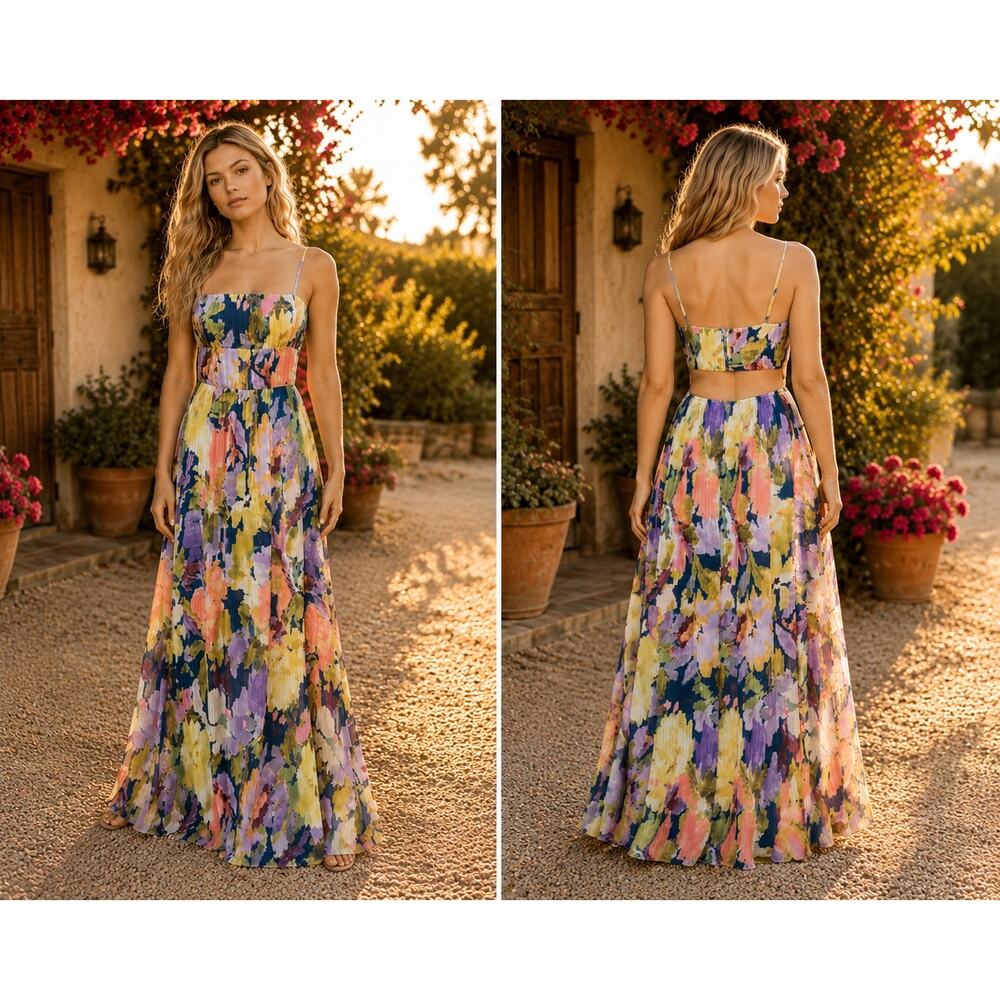 Lulus Holloway Watercolor Floral Pleated Chiffon Maxi Dress Size M Dark Blue - Picture 2 of 12